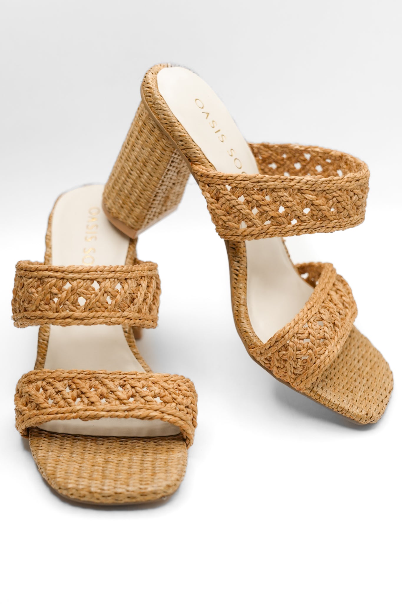 Woven Raffia Double Band Mule Sandal with Block Heel