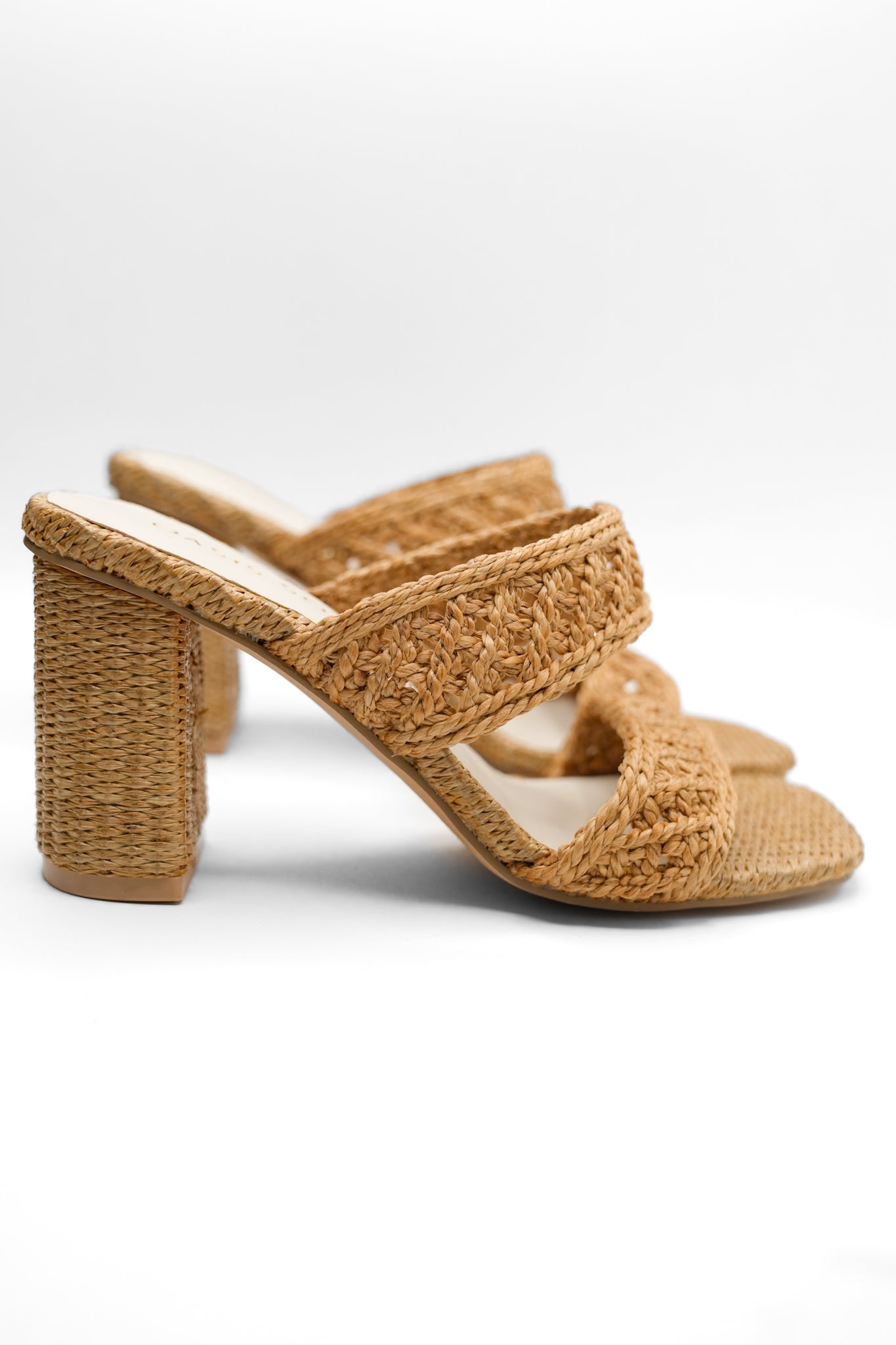 Woven Raffia Double Band Mule Sandal with Block Heel