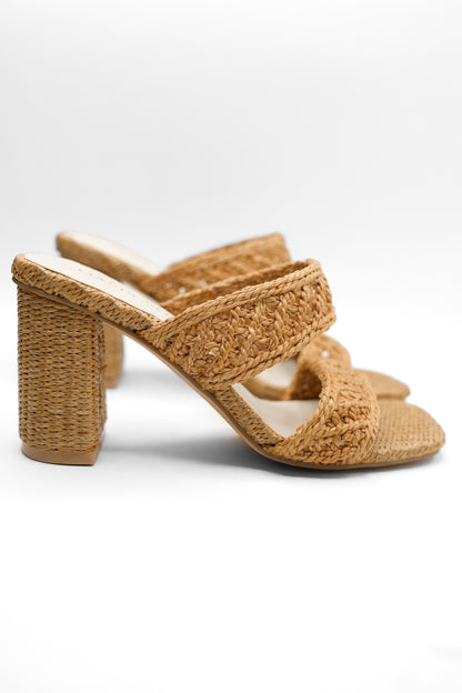 Woven Raffia Double Band Mule Sandal with Block Heel