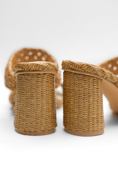 Woven Raffia Double Band Mule Sandal with Block Heel