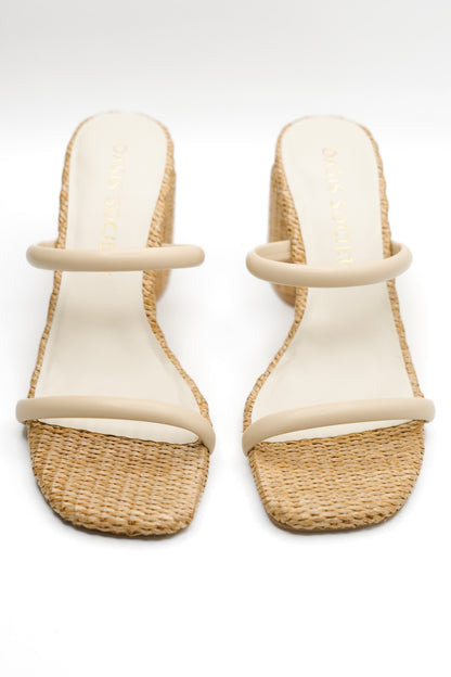 Textured Raffia Double Strap Mule Block Heel