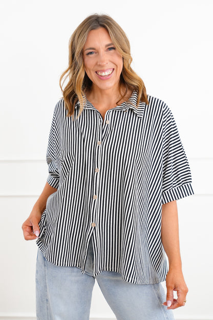 Door Buster! Zenana Oversized Stripe Button Down Shirts