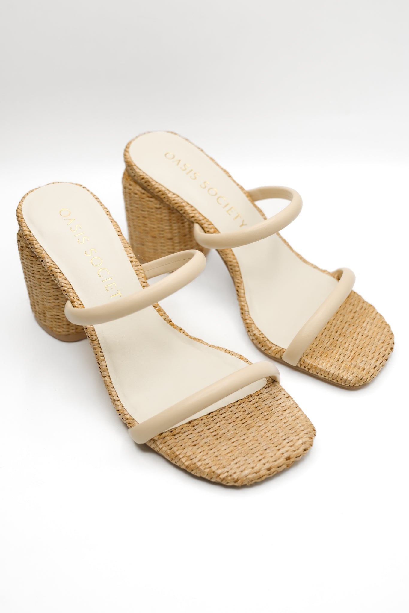Textured Raffia Double Strap Mule Block Heel