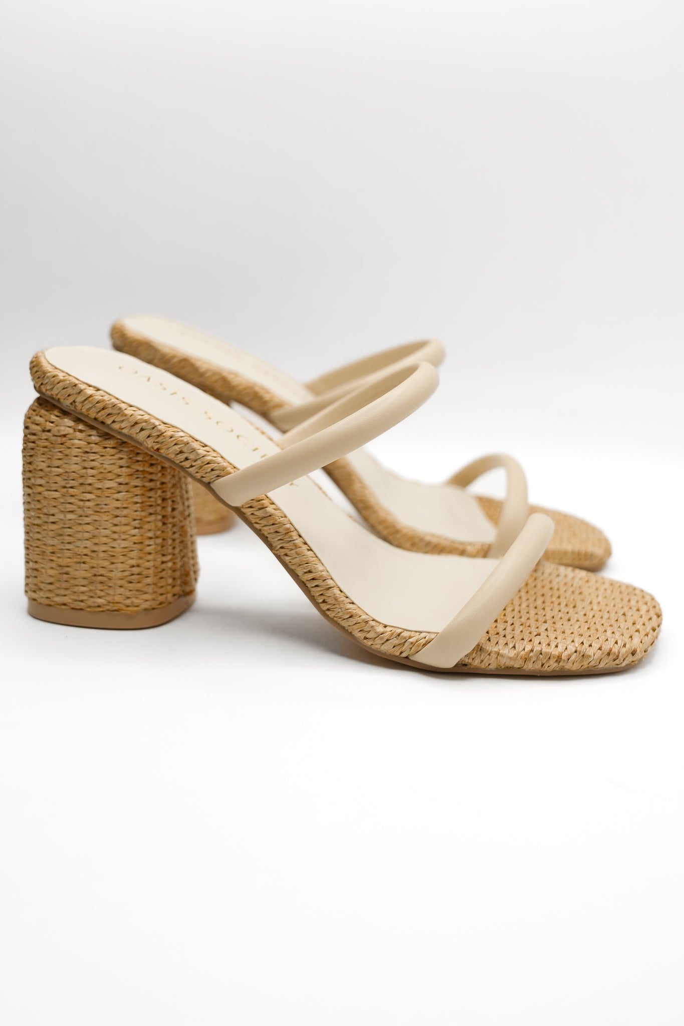 Textured Raffia Double Strap Mule Block Heel