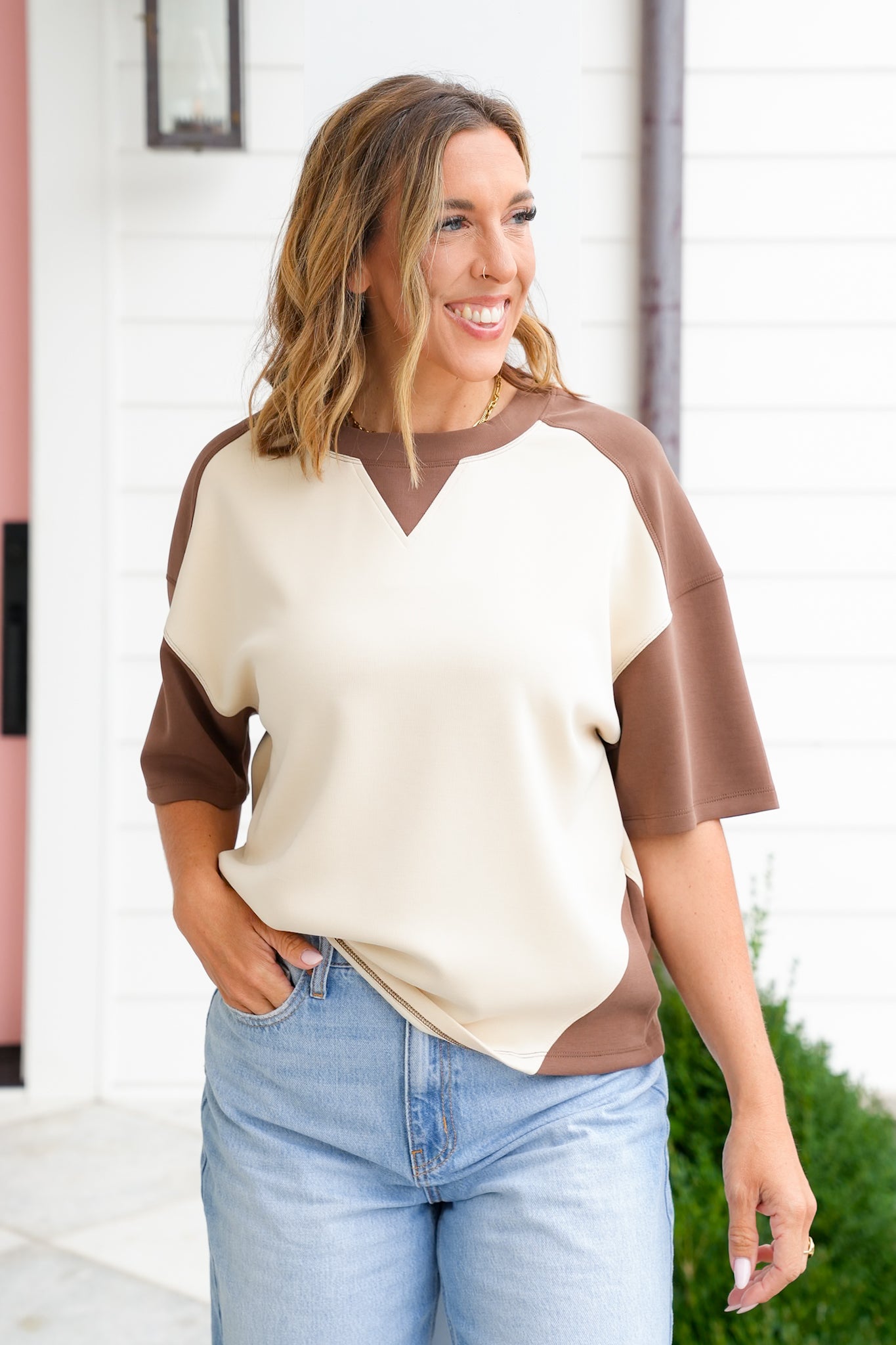 Plus/Reg Color Block Short Sleeve Top