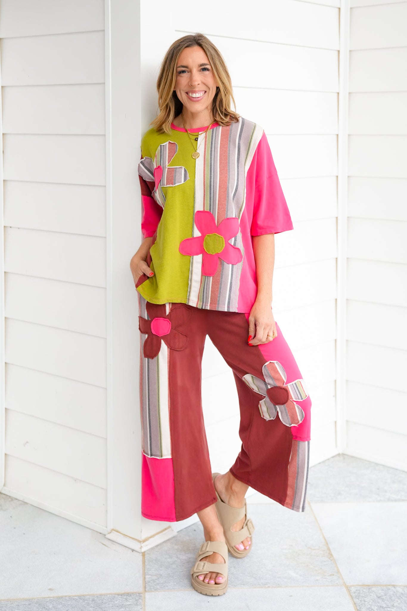 Stripe Flower Patch Short Sleeve Top