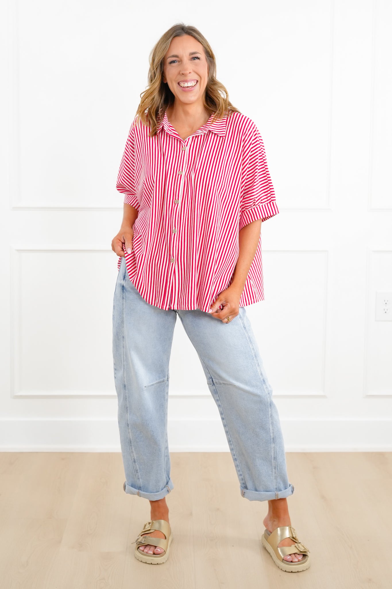 Door Buster! Zenana Oversized Stripe Button Down Shirts