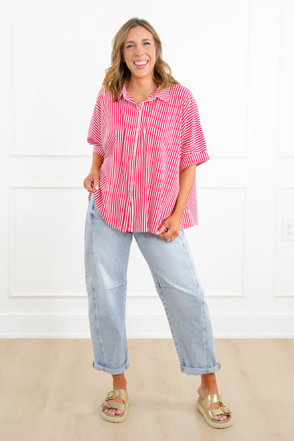 Door Buster! Zenana Oversized Stripe Button Down Shirts