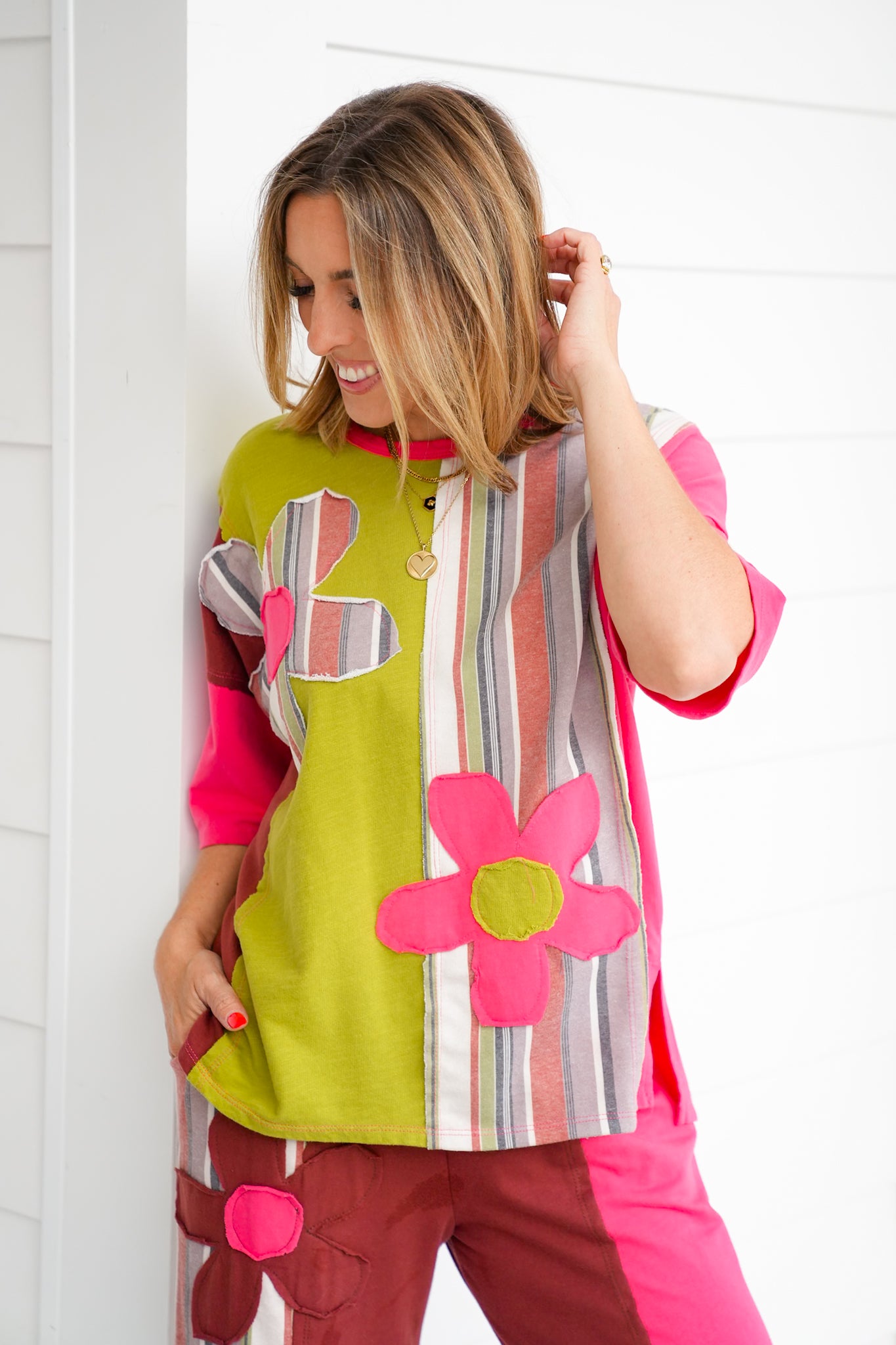 Stripe Flower Patch Short Sleeve Top