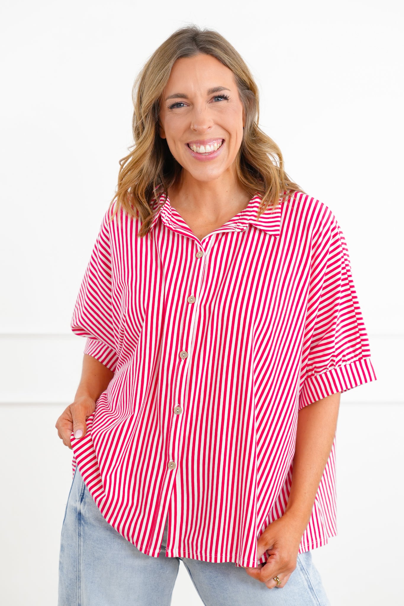 Door Buster! Zenana Oversized Stripe Button Down Shirts