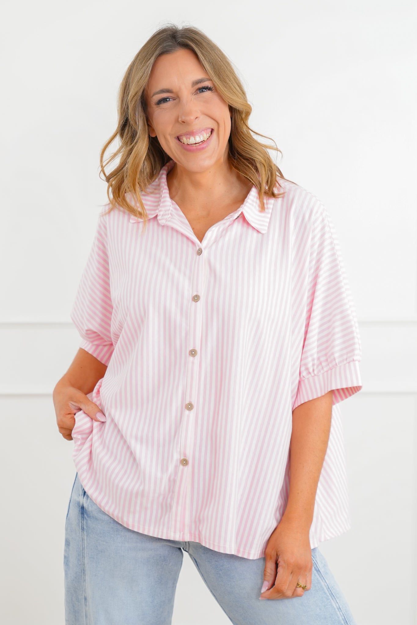 Door Buster! Zenana Oversized Stripe Button Down Shirts