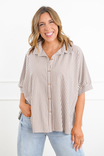 Door Buster! Zenana Oversized Stripe Button Down Shirts
