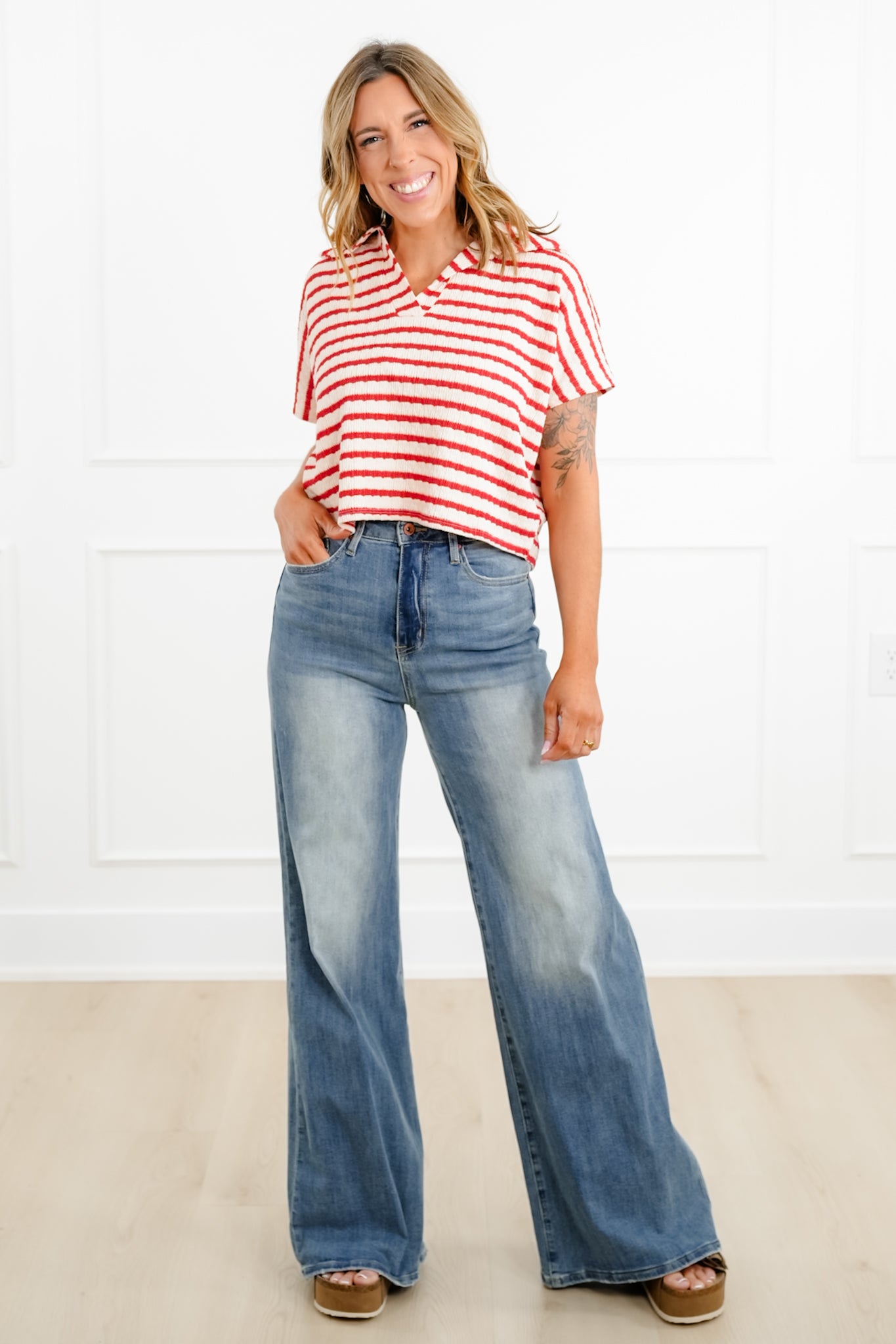 Door Buster! Zenana Striped Split Neck Collared Top