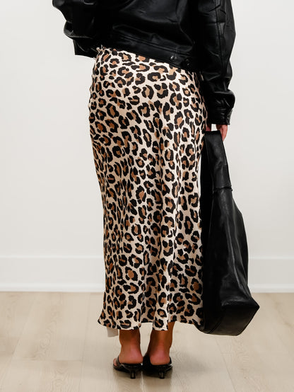 Satin Leopard Print High Waist Midi Skirt