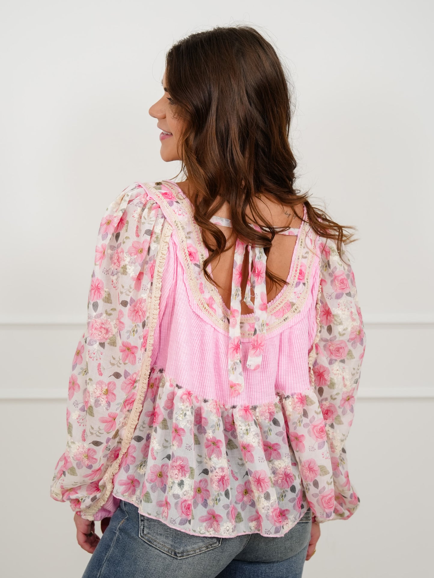 POL Ribbed Long Sleeve Flowy Top With Floral