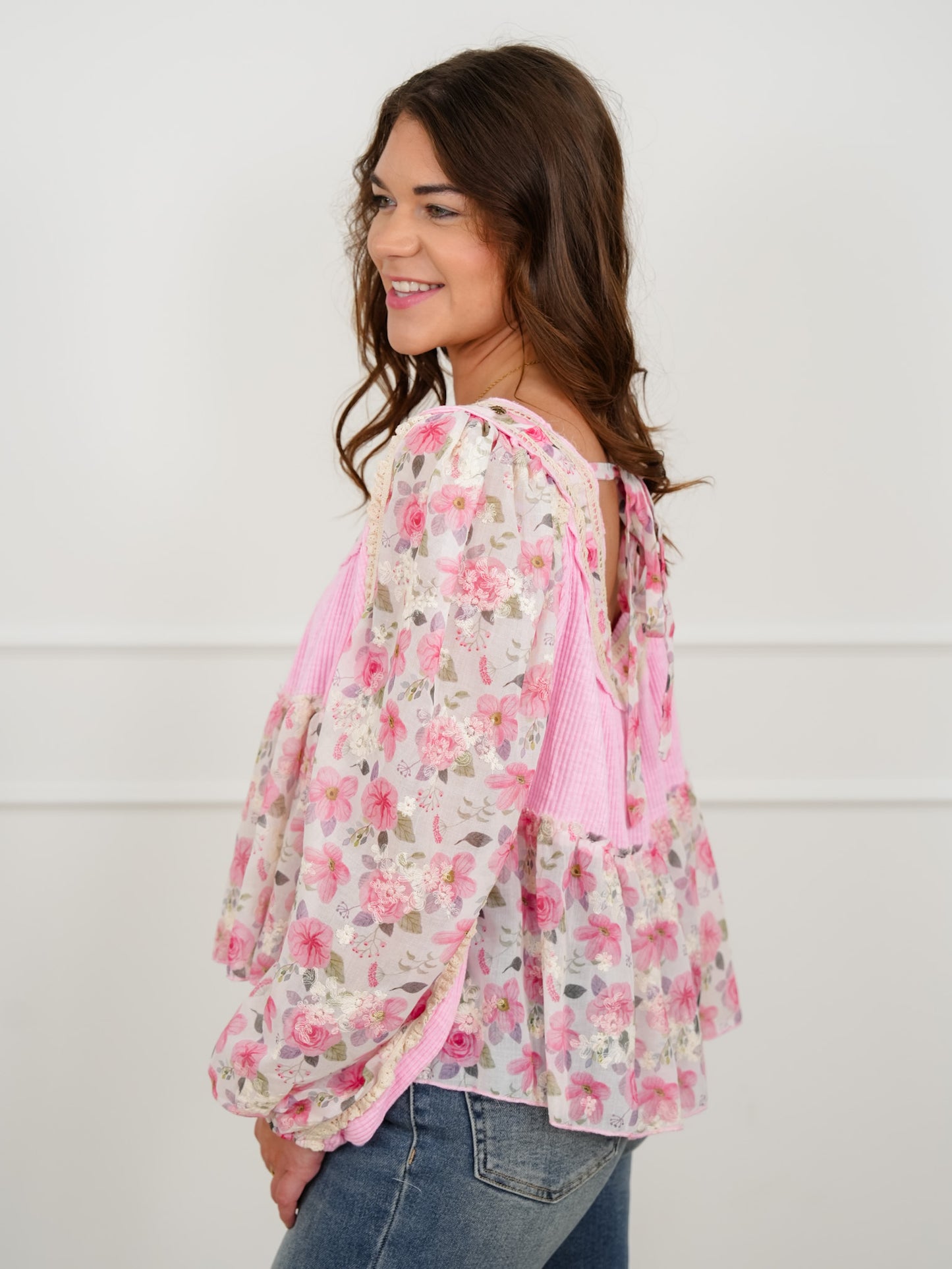 POL Ribbed Long Sleeve Flowy Top With Floral