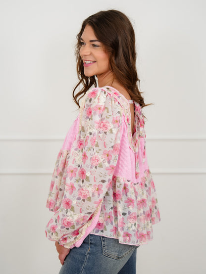 POL Ribbed Long Sleeve Flowy Top With Floral