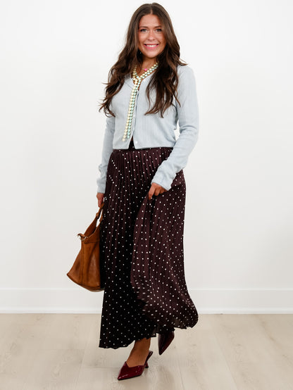 Brown Polka Dot Pleated Midi Skirt - Freckled Poppy