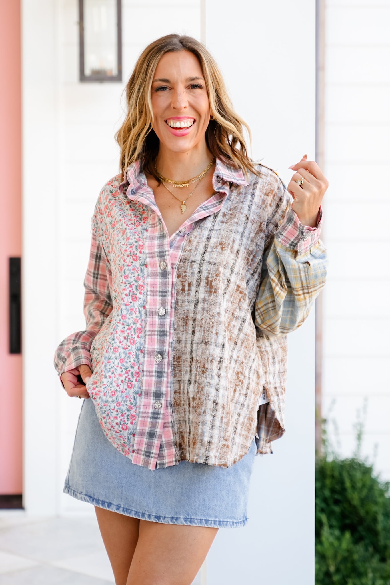 POL Plaid Long Sleeve Button Down Top