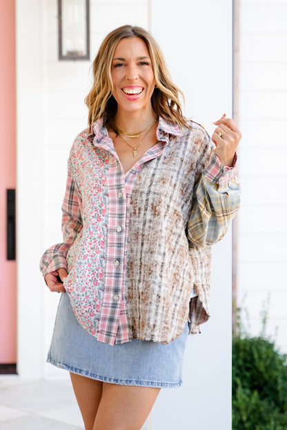 POL Plaid Long Sleeve Button Down Top