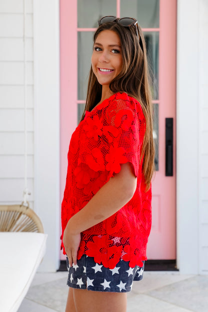 Floral Lace Short Sleeve Square Neck Top