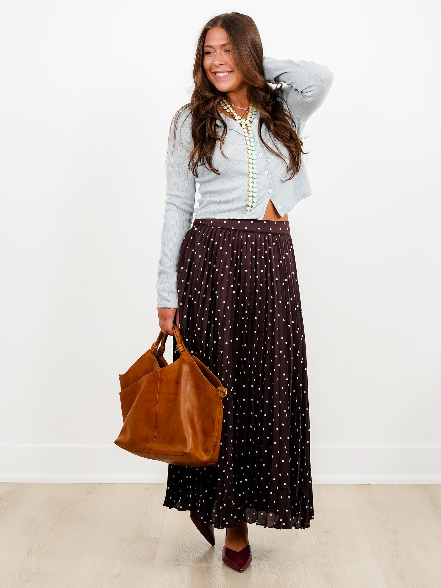 Brown Polka Dot Pleated Midi Skirt - Freckled Poppy