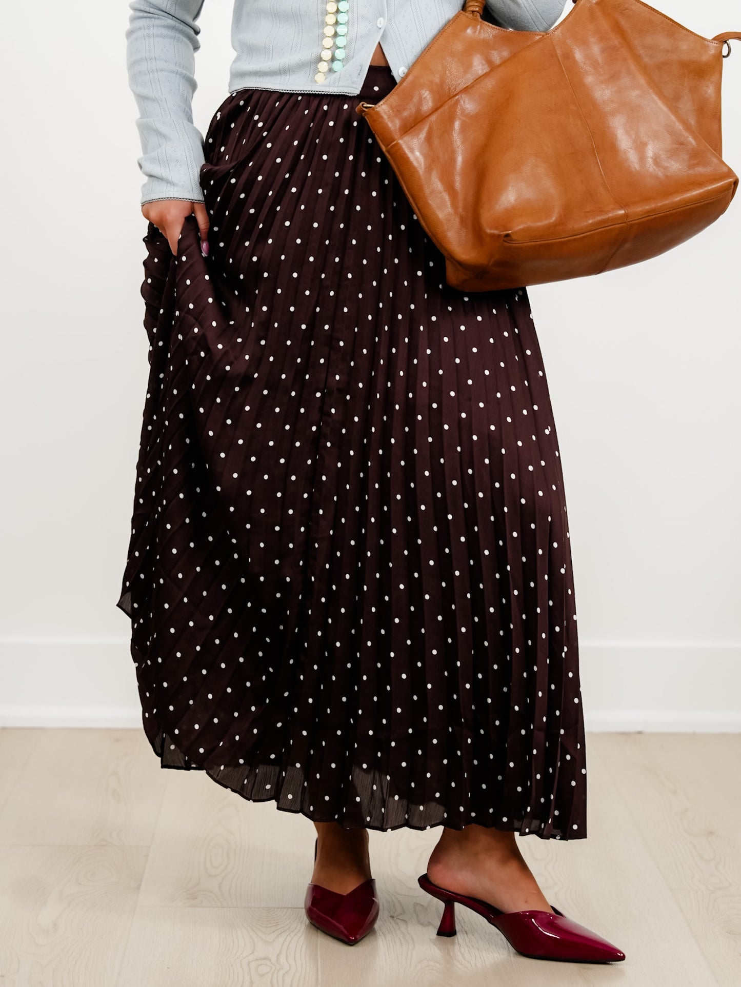 Brown Polka Dot Pleated Midi Skirt - Freckled Poppy