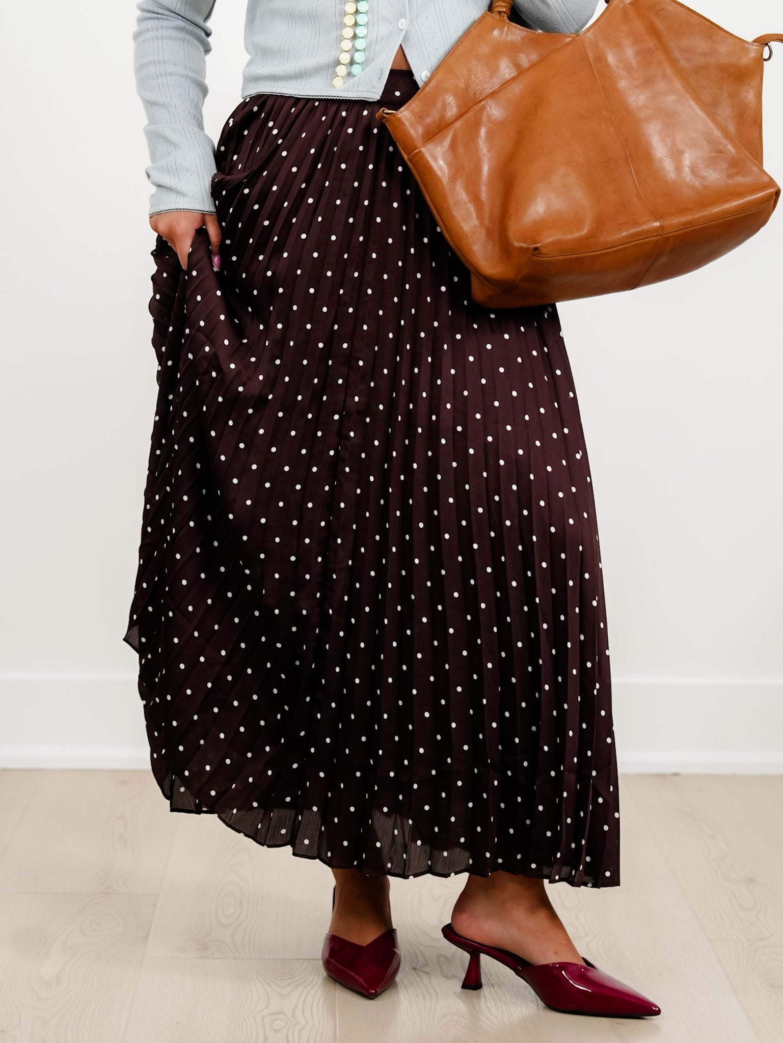 Brown Polka Dot Pleated Midi Skirt - Freckled Poppy