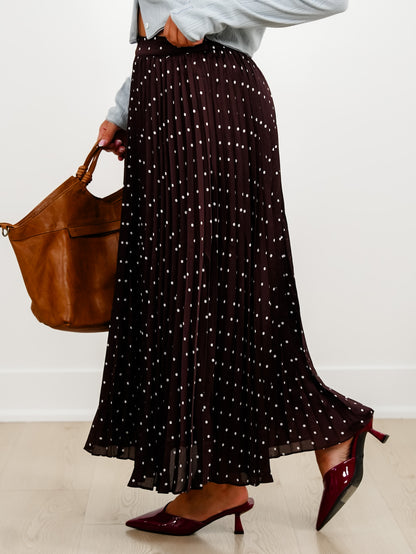 Brown Polka Dot Pleated Midi Skirt - Freckled Poppy