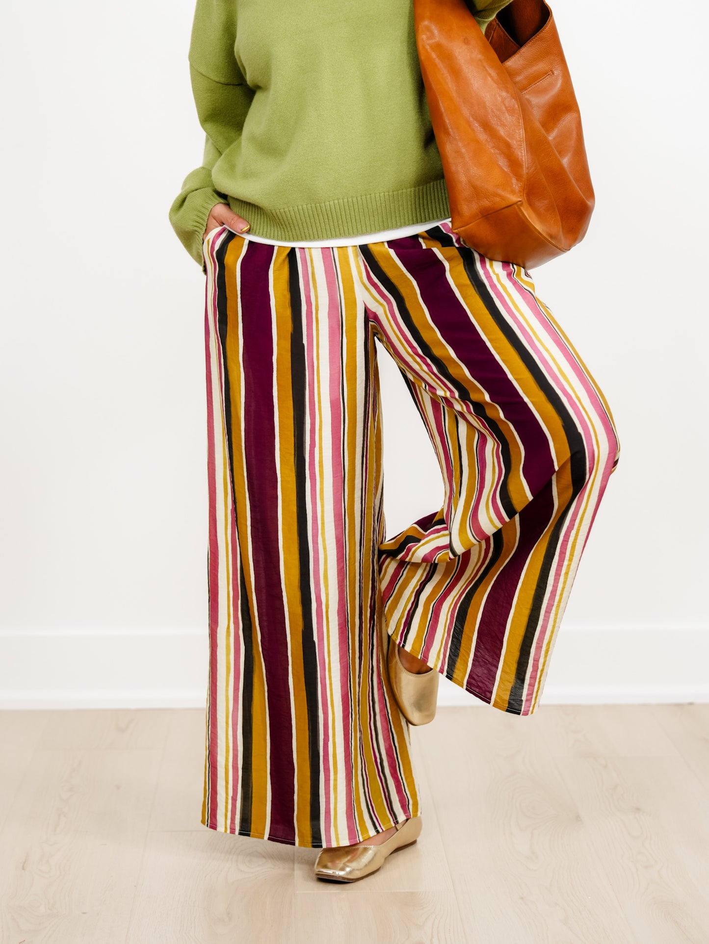 Vertical Stripe Elastic Waist Wide Leg Palazzo Pants