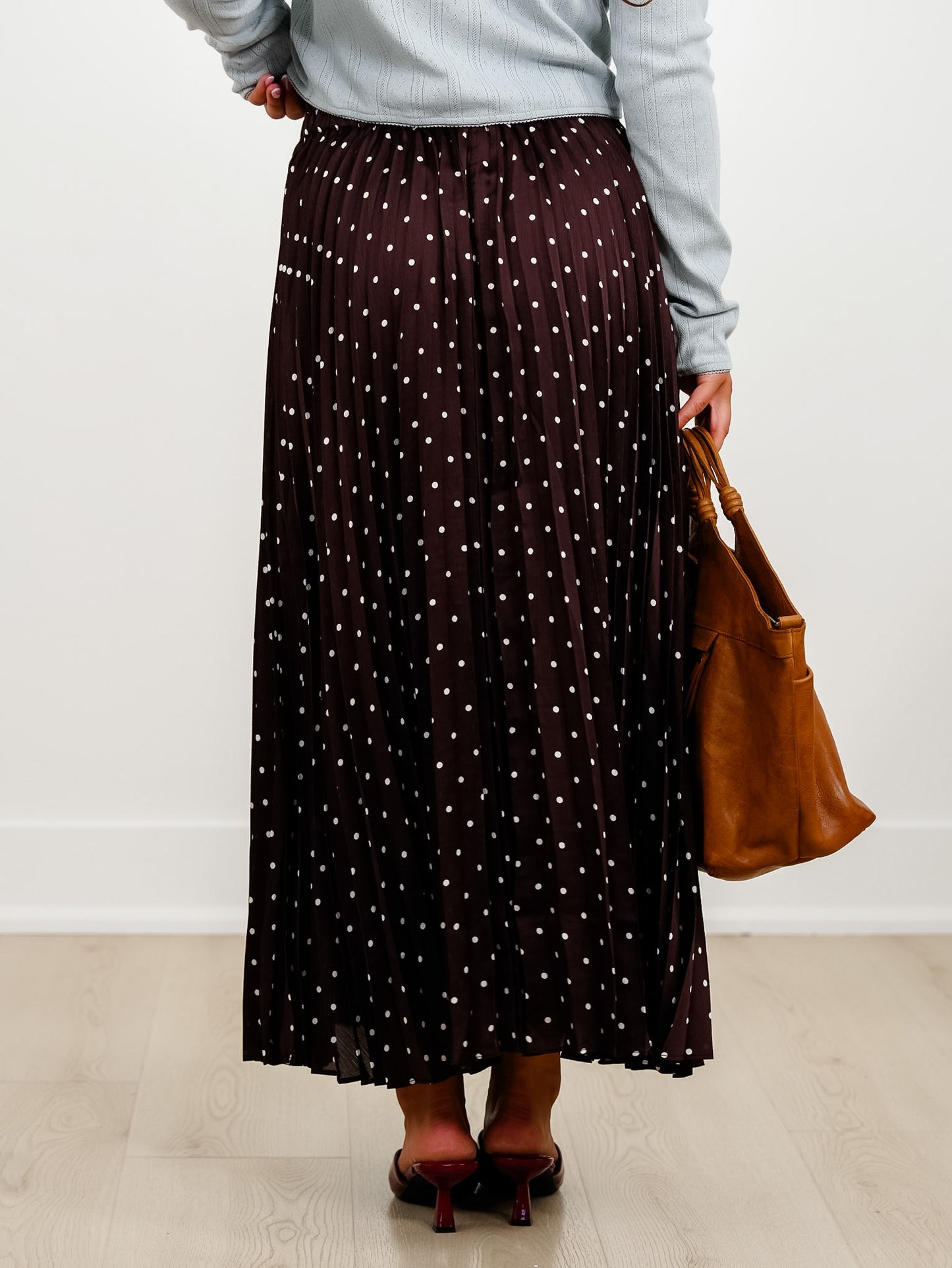 Brown Polka Dot Pleated Midi Skirt - Freckled Poppy