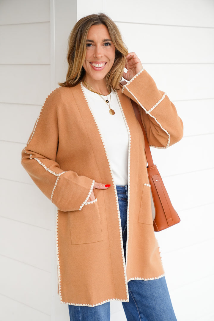 Long Sleeve Midi Cardigan With Stitch Detail
