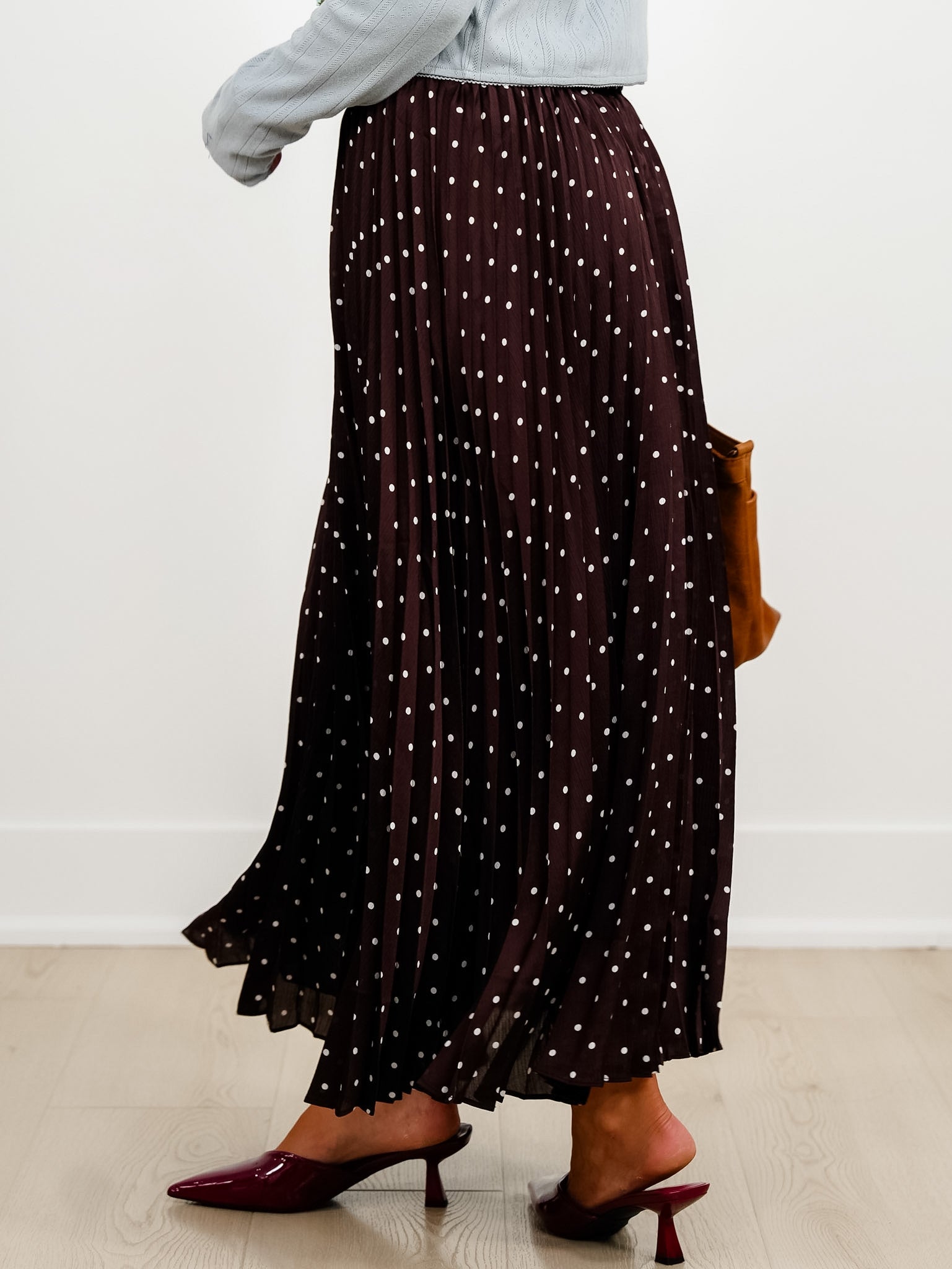 Brown Polka Dot Pleated Midi Skirt - Freckled Poppy