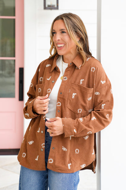Corduroy Embroidered Western Print Long Sleeve Shacket