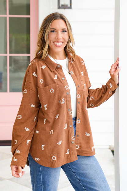 Corduroy Embroidered Western Print Long Sleeve Shacket