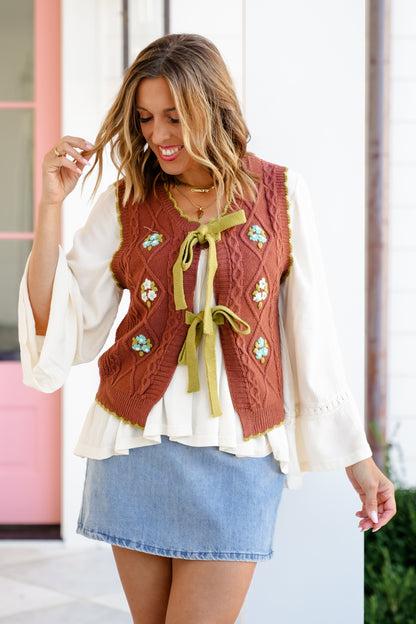 Floral Knit Sweater Vest with Front Bow Tie