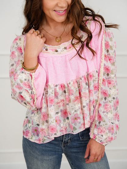 POL Ribbed Long Sleeve Flowy Top With Floral
