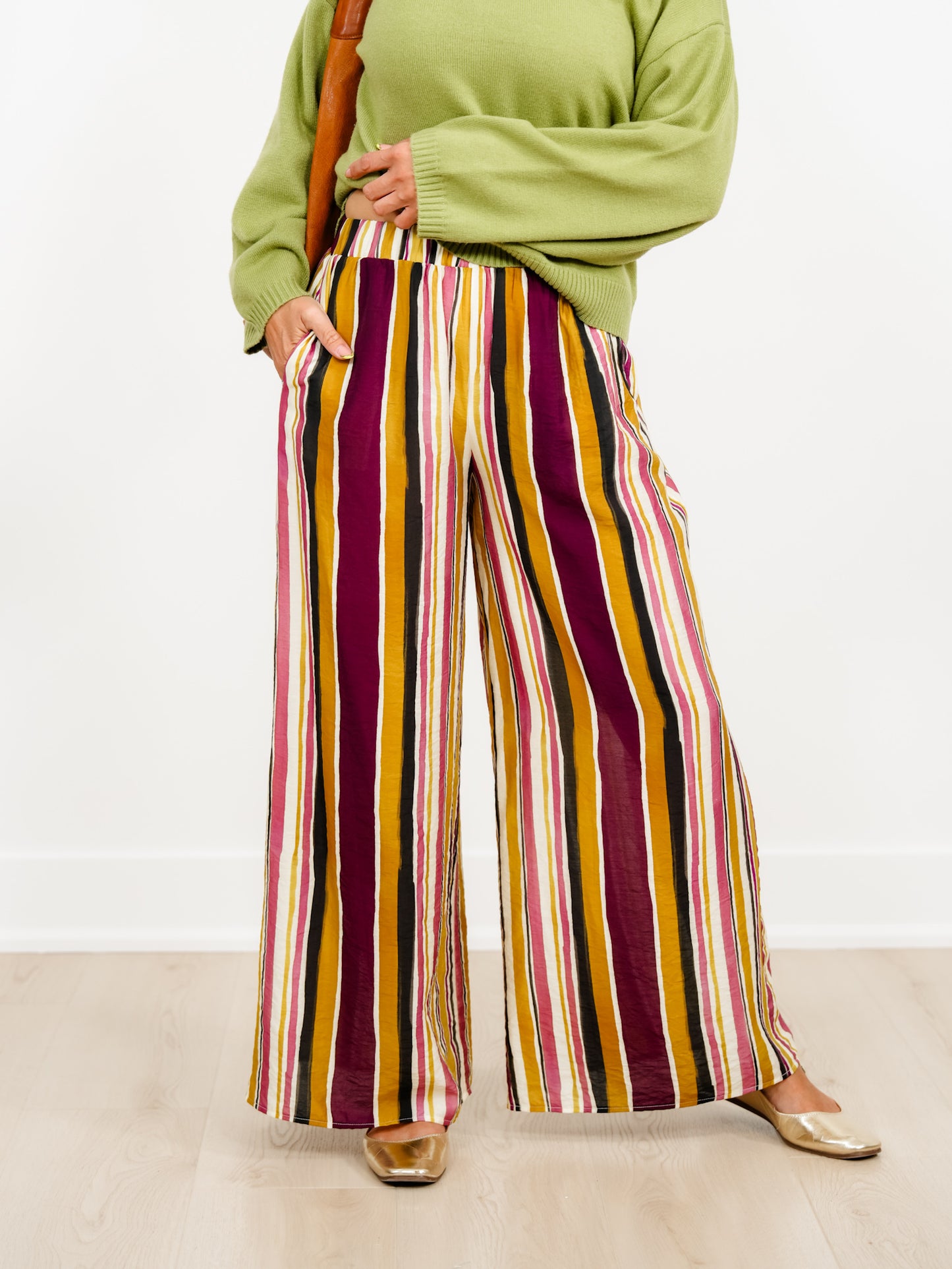Vertical Stripe Elastic Waist Wide Leg Palazzo Pants