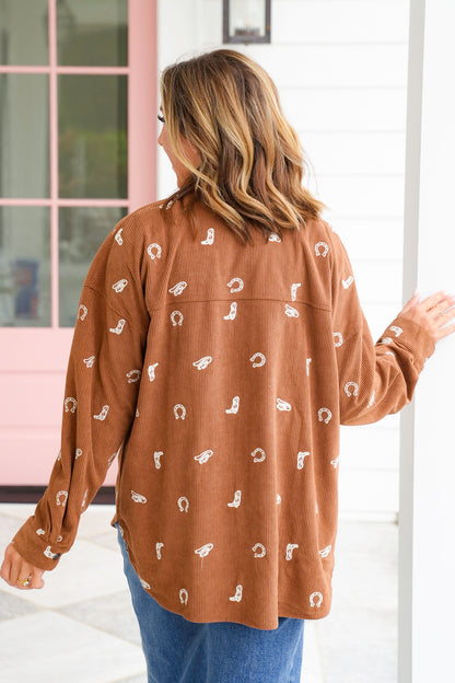 Corduroy Embroidered Western Print Long Sleeve Shacket