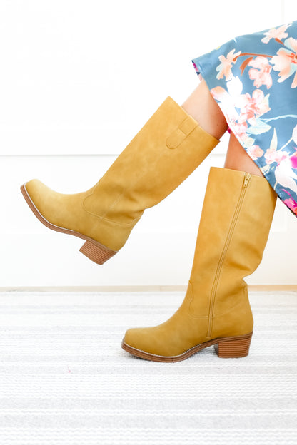 MIA Chic Pull On Knee High Boot with Stacked Heel