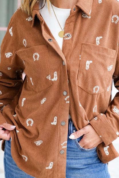Corduroy Embroidered Western Print Long Sleeve Shacket