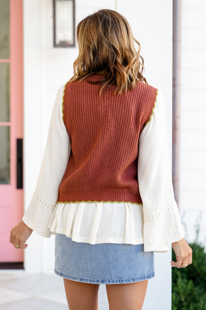 Floral Knit Sweater Vest with Front Bow Tie