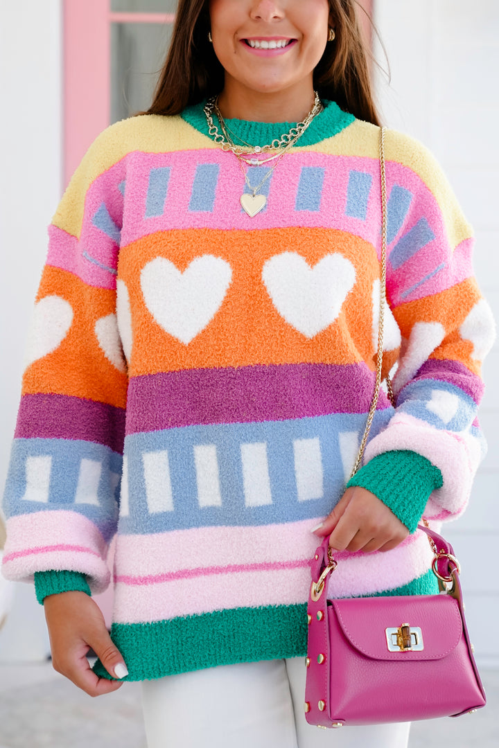 Fuzzy Long Sleeve Pullover Sweater with Heart Detail