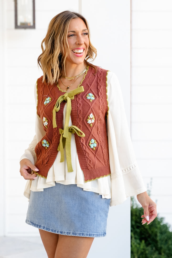 Floral Knit Sweater Vest with Front Bow Tie