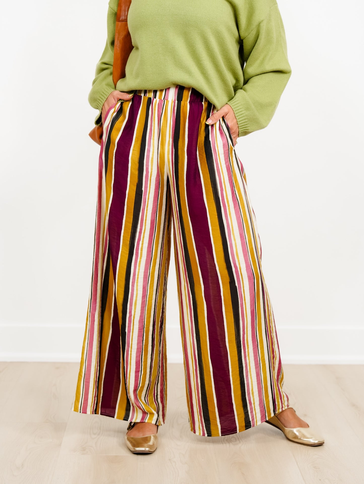 Vertical Stripe Elastic Waist Wide Leg Palazzo Pants