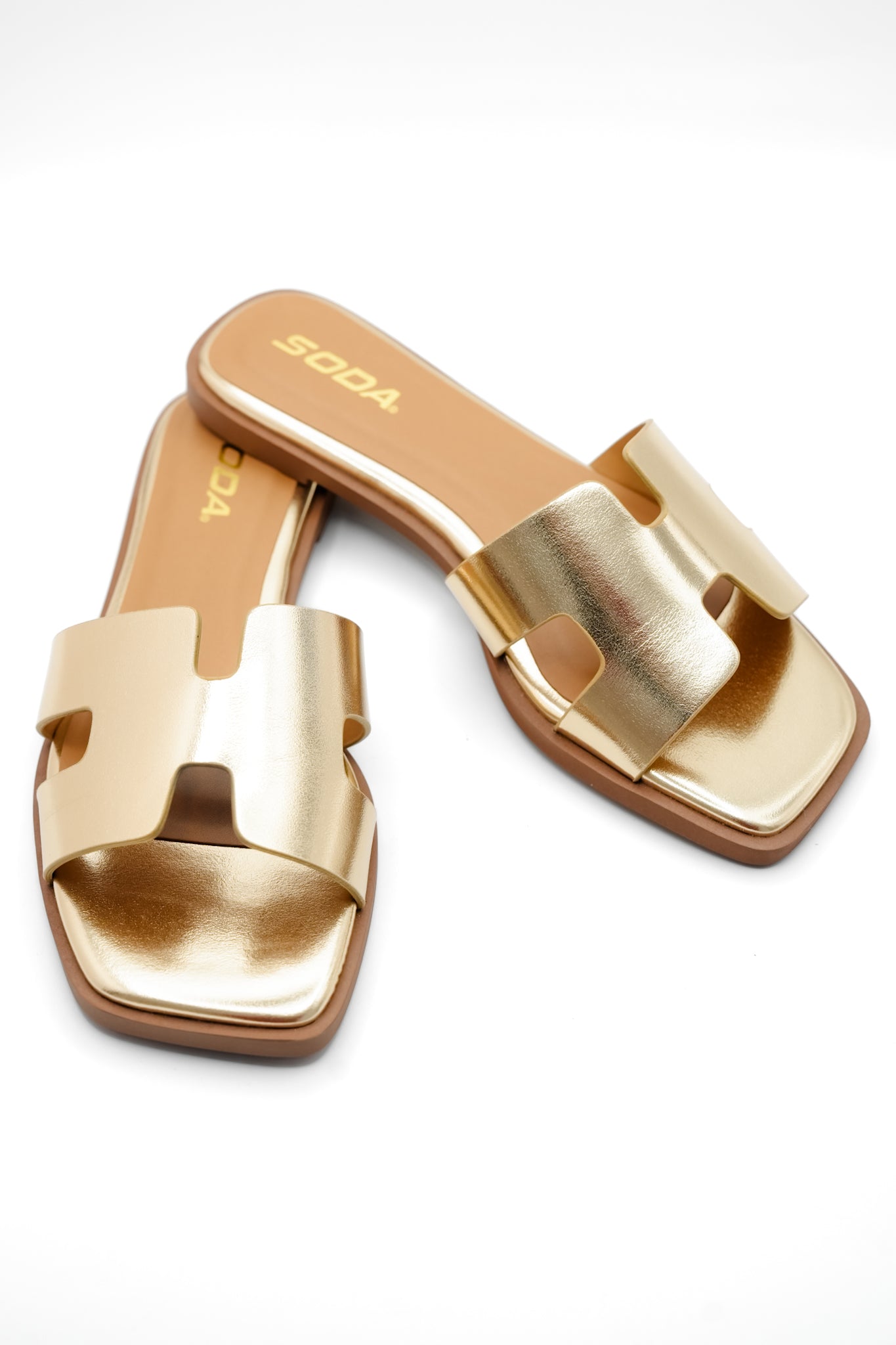Metallic Cutout Strap Flat Slide Sandal