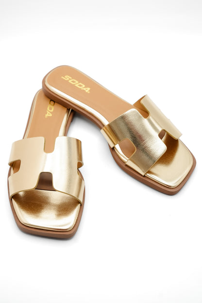 Metallic Cutout Strap Flat Slide Sandal