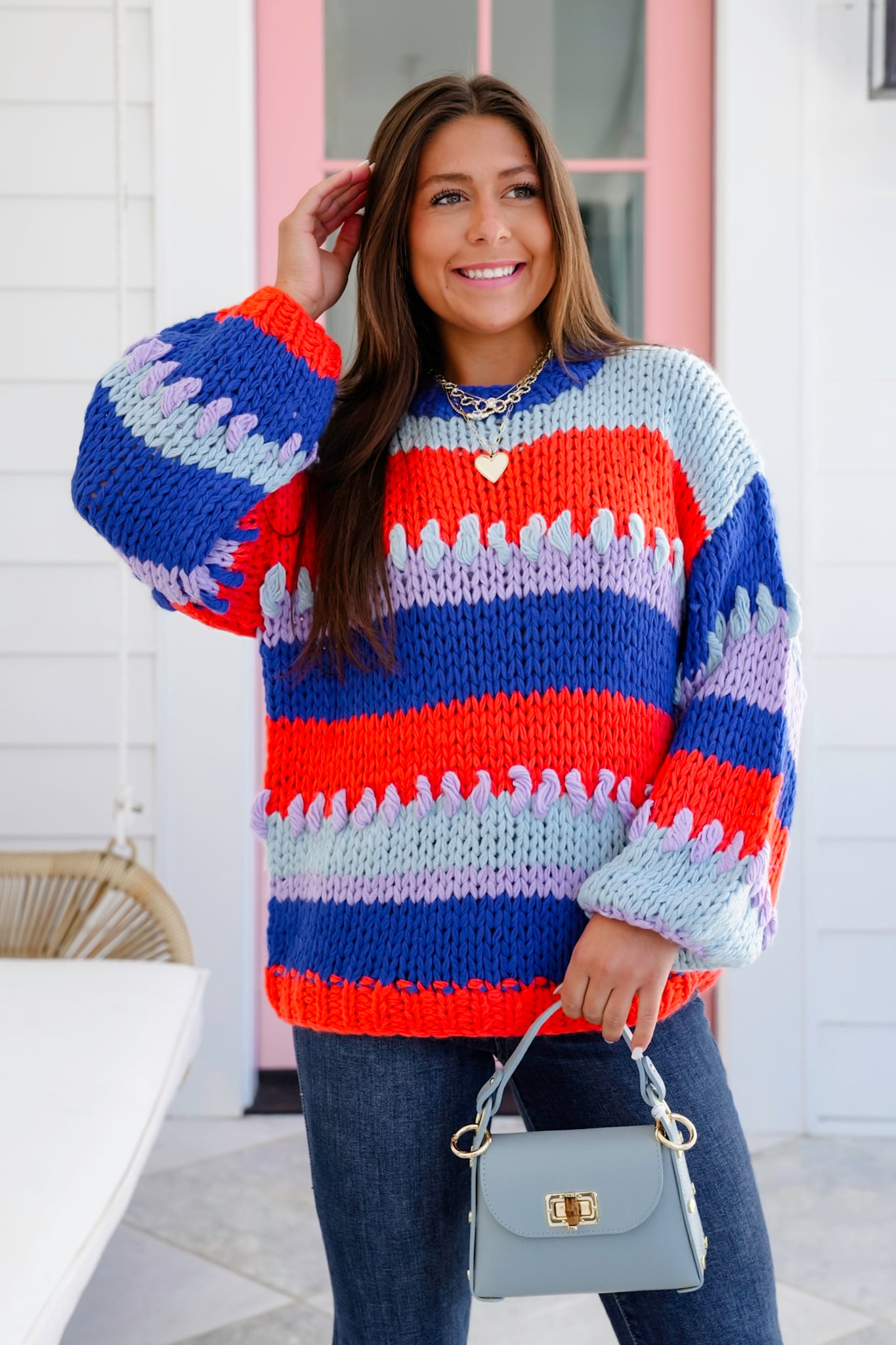 Crochet Wide Stripe Long Sleeve Pullover Sweater