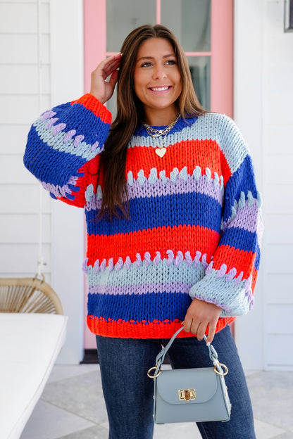 Crochet Wide Stripe Long Sleeve Pullover Sweater