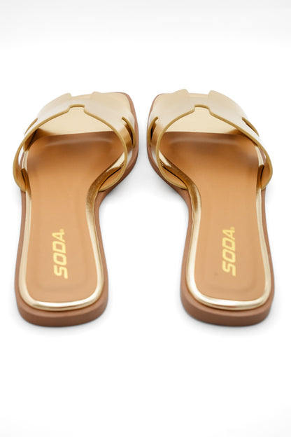 Metallic Cutout Strap Flat Slide Sandal